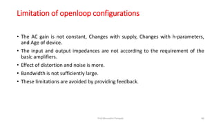 Limitation of openloop configurations
• The AC gain is not constant, Changes with supply, Changes with h-parameters,
and Age of device.
• The input and output impedances are not according to the requirement of the
basic amplifiers.
• Effect of distortion and noise is more.
• Bandwidth is not sufficiently large.
• These limitations are avoided by providing feedback.
Prof.Mrunalini Pimpale 66
 
