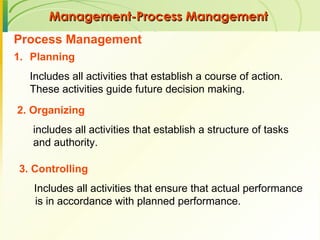 Management-Process Management  Process Management  Planning Includes all activities that establish a course of action. These activities guide future decision making.  2.   Organizing  includes all activities that establish a structure of tasks and authority.  3. Controlling   Includes all activities that ensure that actual performance is in accordance with planned performance.  