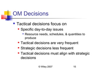 OM Decisions
   Tactical decisions focus on
       Specific day-to-day issues
            Resource needs, schedules, & quantities to
             produce
       Tactical decisions are very frequent
       Strategic decisions less frequent
       Tactical decisions must align with strategic
        decisions

                      © Wiley 2007            15
 
