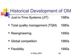 Historical Development of OM
   Just-in-Time Systems (JIT)            1980s

   Total quality management (TQM)        1980s

   Reengineering                         1990s

   Global competition                    1980s

   Flexibility                           1990s
                  © Wiley 2007       20
 