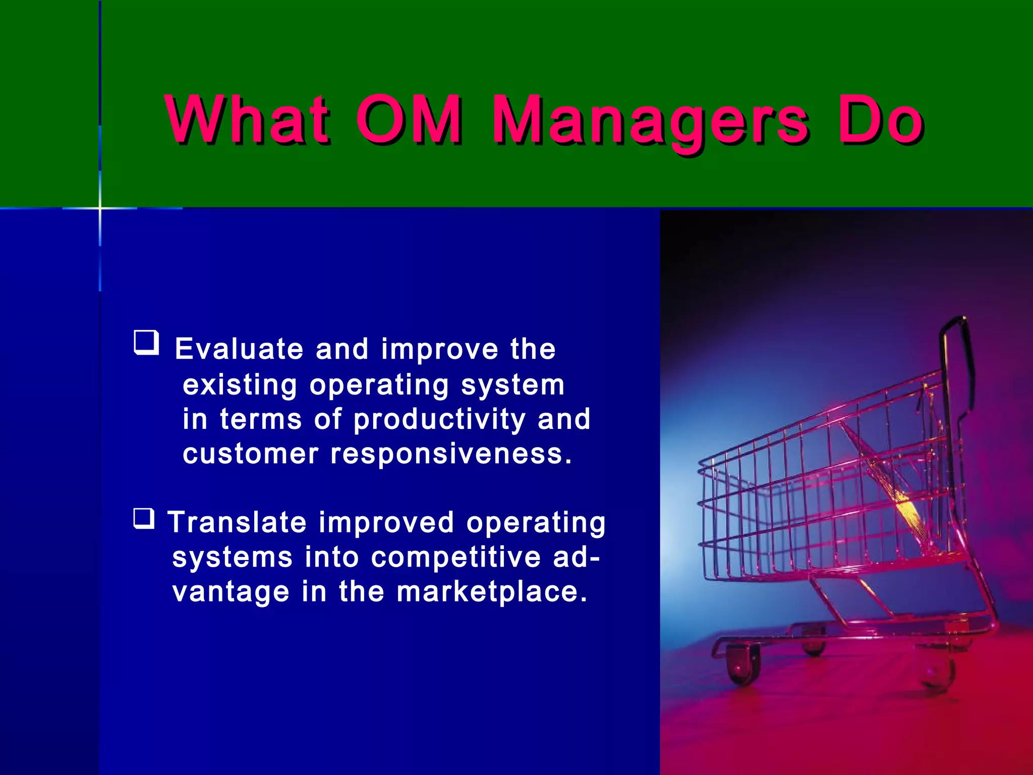 What OM Managers DoWhat OM Managers Do
 Evaluate and improve the
existing operating system
in terms of productivity and
customer responsiveness.
 Translate improved operating
systems into competitive ad-
vantage in the marketplace.
 