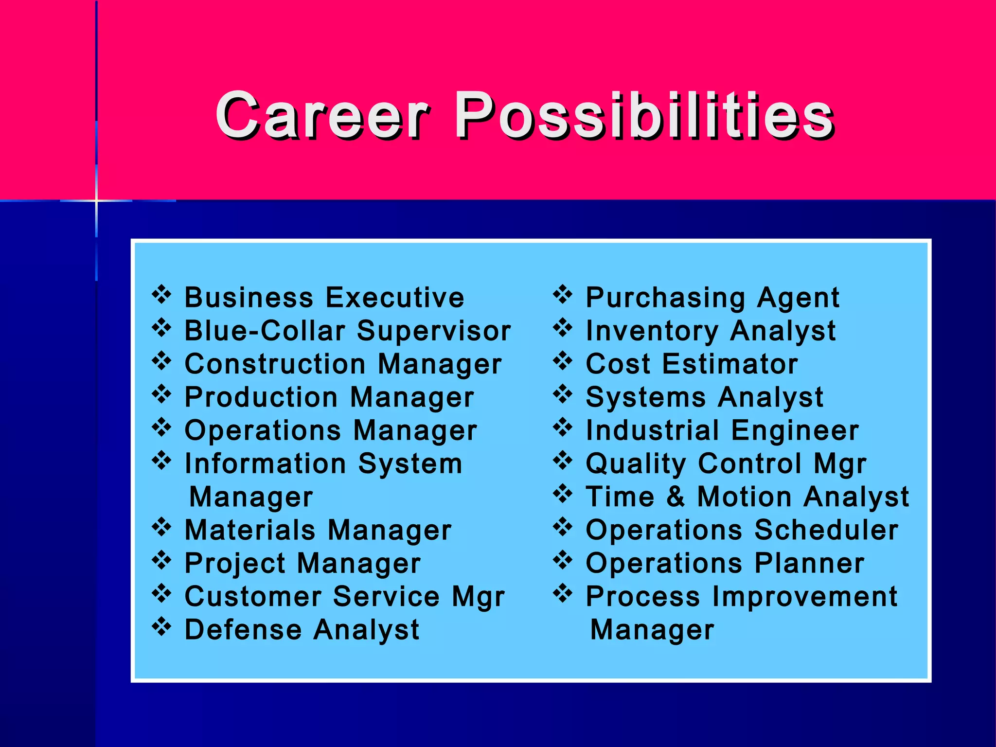 Career PossibilitiesCareer Possibilities
 Business Executive
 Blue-Collar Supervisor
 Construction Manager
 Production Manager
 Operations Manager
 Information System
Manager
 Materials Manager
 Project Manager
 Customer Service Mgr
 Defense Analyst
 Purchasing Agent
 Inventory Analyst
 Cost Estimator
 Systems Analyst
 Industrial Engineer
 Quality Control Mgr
 Time & Motion Analyst
 Operations Scheduler
 Operations Planner
 Process Improvement
Manager
 