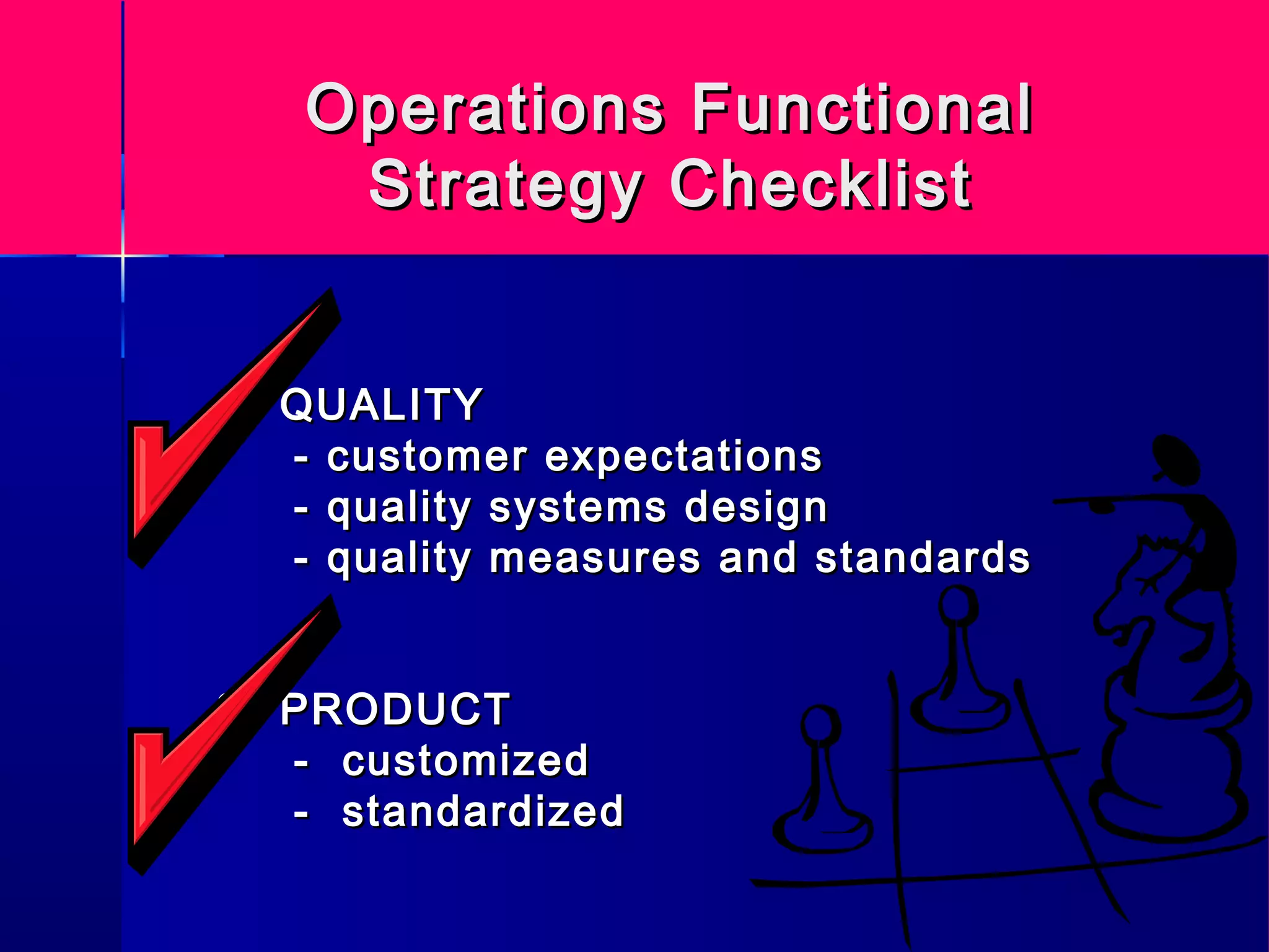 Operations FunctionalOperations Functional
Strategy ChecklistStrategy Checklist
1. QUALITYQUALITY
- customer expectations- customer expectations
- quality systems design- quality systems design
- quality measures and standards- quality measures and standards
2.2. PRODUCTPRODUCT
- customized- customized
- standardized- standardized
 