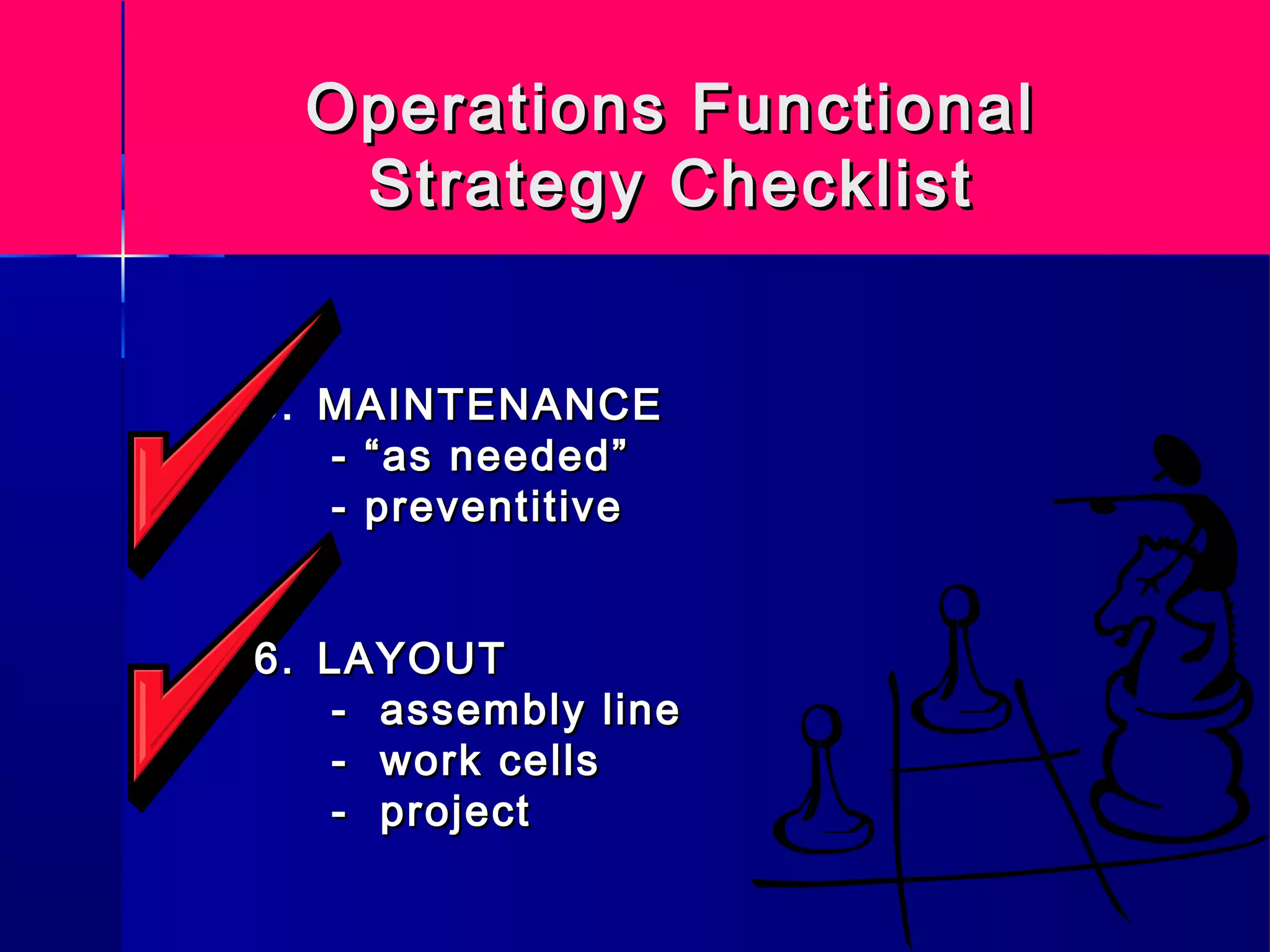 Operations FunctionalOperations Functional
Strategy ChecklistStrategy Checklist
5. MAINTENANCEMAINTENANCE
- “as needed”- “as needed”
- preventitive- preventitive
6.6. LAYOUTLAYOUT
- assembly line- assembly line
- work cells- work cells
- project- project
 