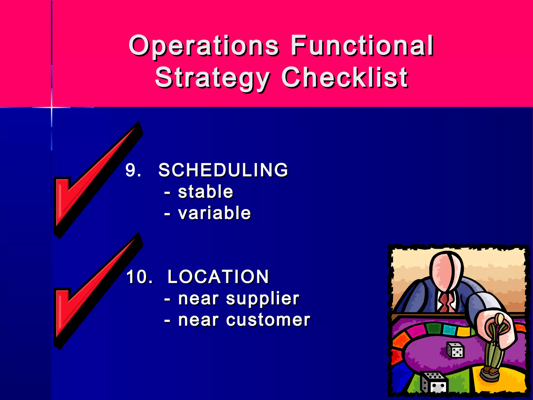 Operations FunctionalOperations Functional
Strategy ChecklistStrategy Checklist
9. SCHEDULINGSCHEDULING
- stable- stable
- variable- variable
10.10. LOCATIONLOCATION
- near supplier- near supplier
- near customer- near customer
 