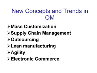 New Concepts and Trends in OM Mass Customization  Supply Chain Management Outsourcing Lean manufacturing Agility Electronic Commerce 