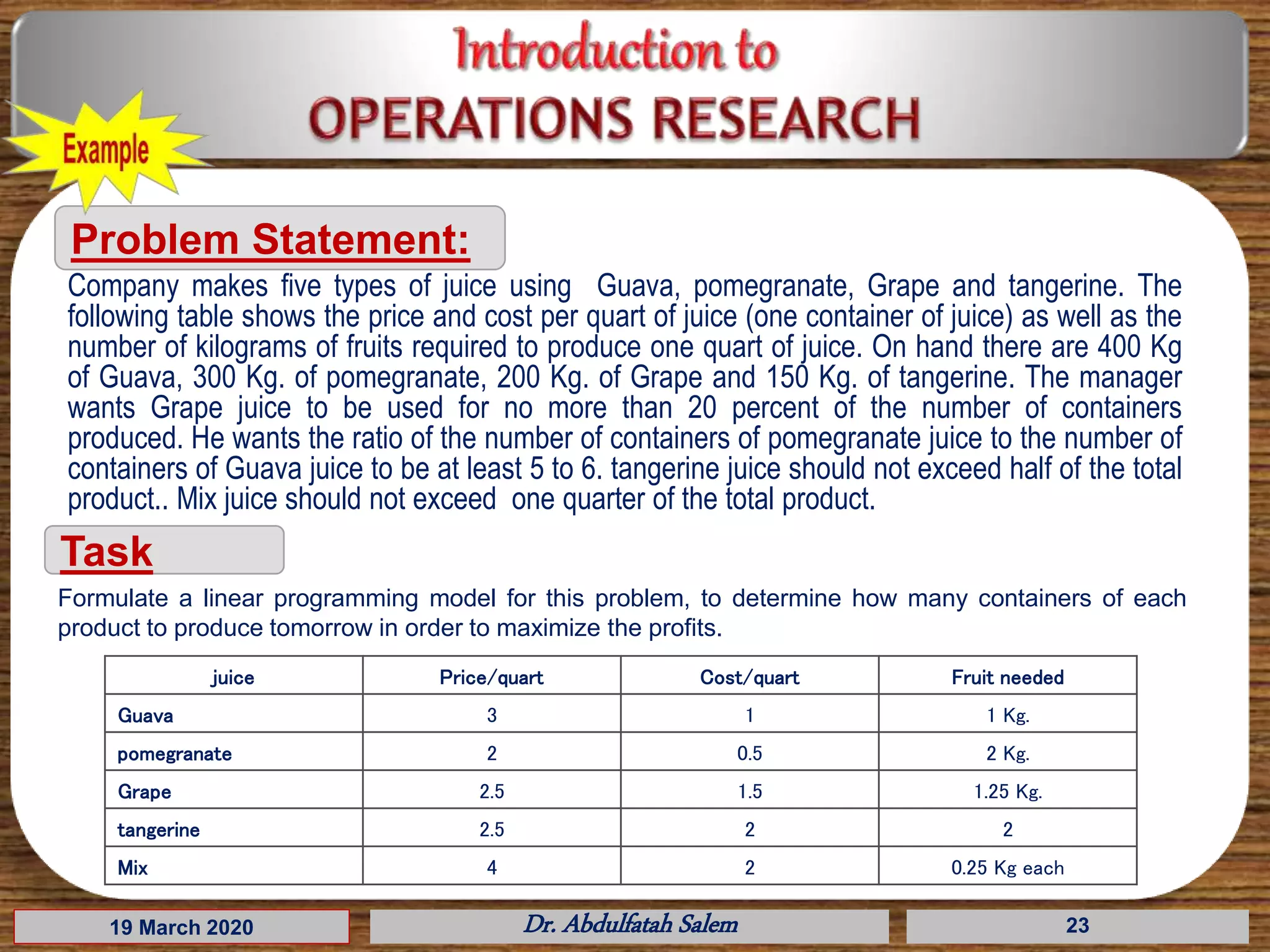 19 March 2020 Dr. Abdulfatah Salem 23
Problem Statement:
Task
Formulate a linear programming model for this problem, to determine how many containers of each
product to produce tomorrow in order to maximize the profits.
juice Price/quart Cost/quart Fruit needed
Guava 3 1 1 Kg.
pomegranate 2 0.5 2 Kg.
Grape 2.5 1.5 1.25 Kg.
tangerine 2.5 2 2
Mix 4 2 0.25 Kg each
Company makes five types of juice using Guava, pomegranate, Grape and tangerine. The
following table shows the price and cost per quart of juice (one container of juice) as well as the
number of kilograms of fruits required to produce one quart of juice. On hand there are 400 Kg
of Guava, 300 Kg. of pomegranate, 200 Kg. of Grape and 150 Kg. of tangerine. The manager
wants Grape juice to be used for no more than 20 percent of the number of containers
produced. He wants the ratio of the number of containers of pomegranate juice to the number of
containers of Guava juice to be at least 5 to 6. tangerine juice should not exceed half of the total
product.. Mix juice should not exceed one quarter of the total product.
 