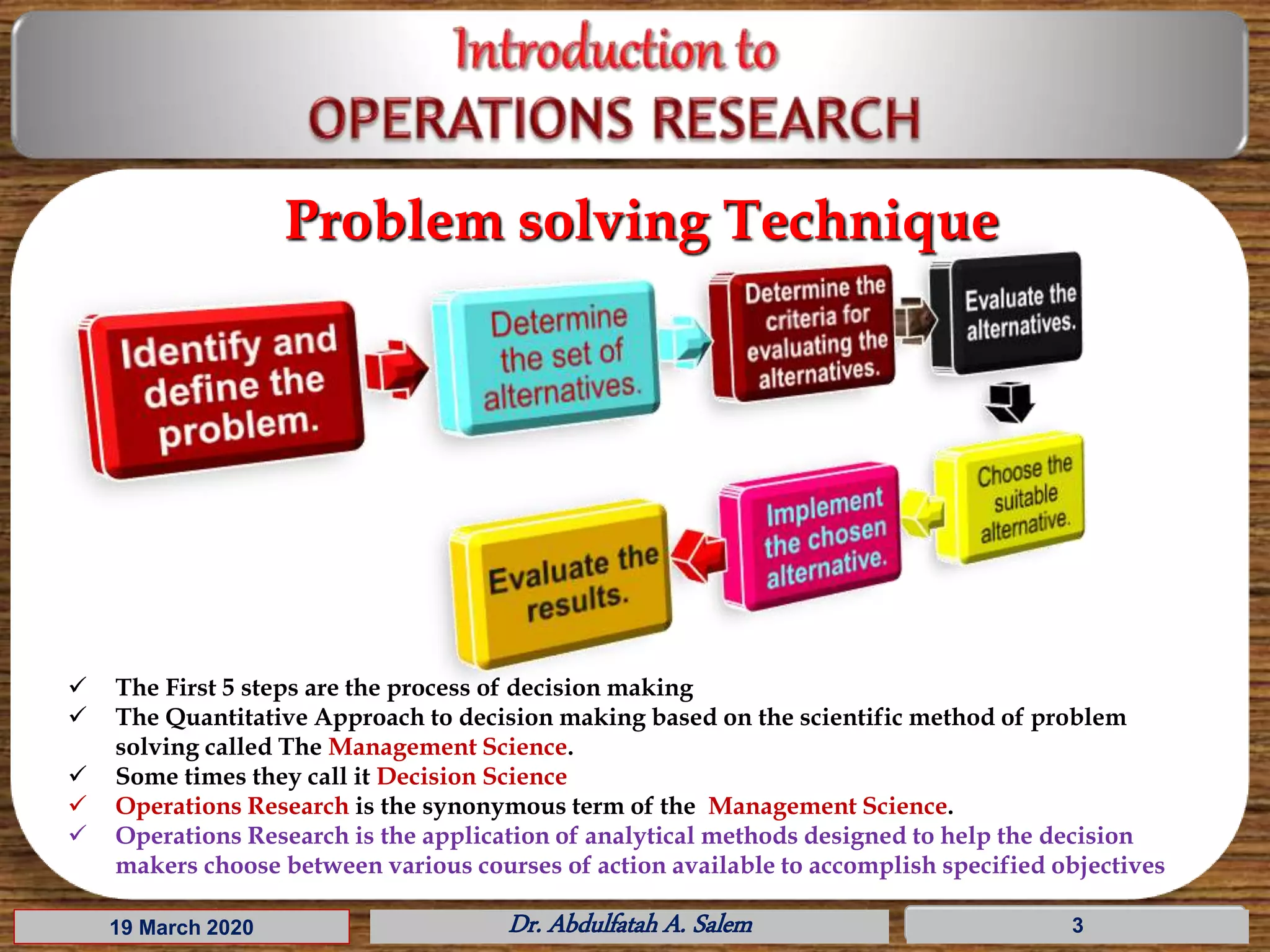19 March 2020 Dr. Abdulfatah A. Salem 3
Problem solving Technique
 The First 5 steps are the process of decision making
 The Quantitative Approach to decision making based on the scientific method of problem
solving called The Management Science.
 Some times they call it Decision Science
 Operations Research is the synonymous term of the Management Science.
 Operations Research is the application of analytical methods designed to help the decision
makers choose between various courses of action available to accomplish specified objectives
 