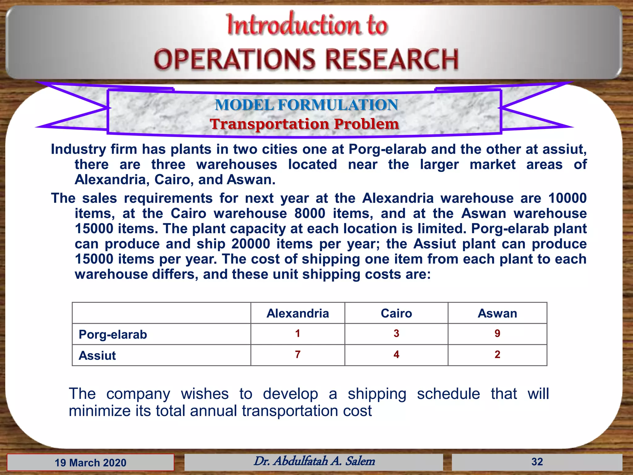 Industry firm has plants in two cities one at Porg-elarab and the other at assiut,
there are three warehouses located near the larger market areas of
Alexandria, Cairo, and Aswan.
The sales requirements for next year at the Alexandria warehouse are 10000
items, at the Cairo warehouse 8000 items, and at the Aswan warehouse
15000 items. The plant capacity at each location is limited. Porg-elarab plant
can produce and ship 20000 items per year; the Assiut plant can produce
15000 items per year. The cost of shipping one item from each plant to each
warehouse differs, and these unit shipping costs are:
19 March 2020 Dr. Abdulfatah A. Salem
Alexandria Cairo Aswan
Porg-elarab 1 3 9
Assiut 7 4 2
32
The company wishes to develop a shipping schedule that will
minimize its total annual transportation cost
MODEL FORMULATION
Transportation Problem
 