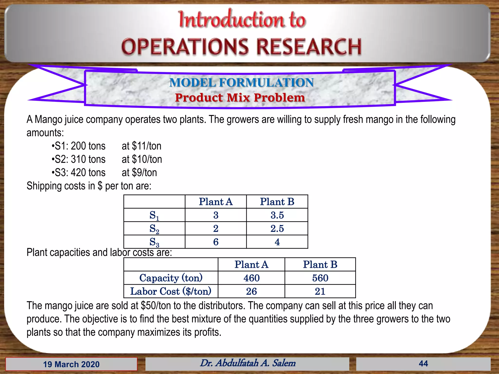 19 March 2020 Dr. Abdulfatah A. Salem 44
A Mango juice company operates two plants. The growers are willing to supply fresh mango in the following
amounts:
•S1: 200 tons at $11/ton
•S2: 310 tons at $10/ton
•S3: 420 tons at $9/ton
Shipping costs in $ per ton are:
Plant capacities and labor costs are:
The mango juice are sold at $50/ton to the distributors. The company can sell at this price all they can
produce. The objective is to find the best mixture of the quantities supplied by the three growers to the two
plants so that the company maximizes its profits.
Plant A Plant B
S1 3 3.5
S2 2 2.5
S3 6 4
Plant A Plant B
Capacity (ton) 460 560
Labor Cost ($/ton) 26 21
MODEL FORMULATION
Product Mix Problem
 