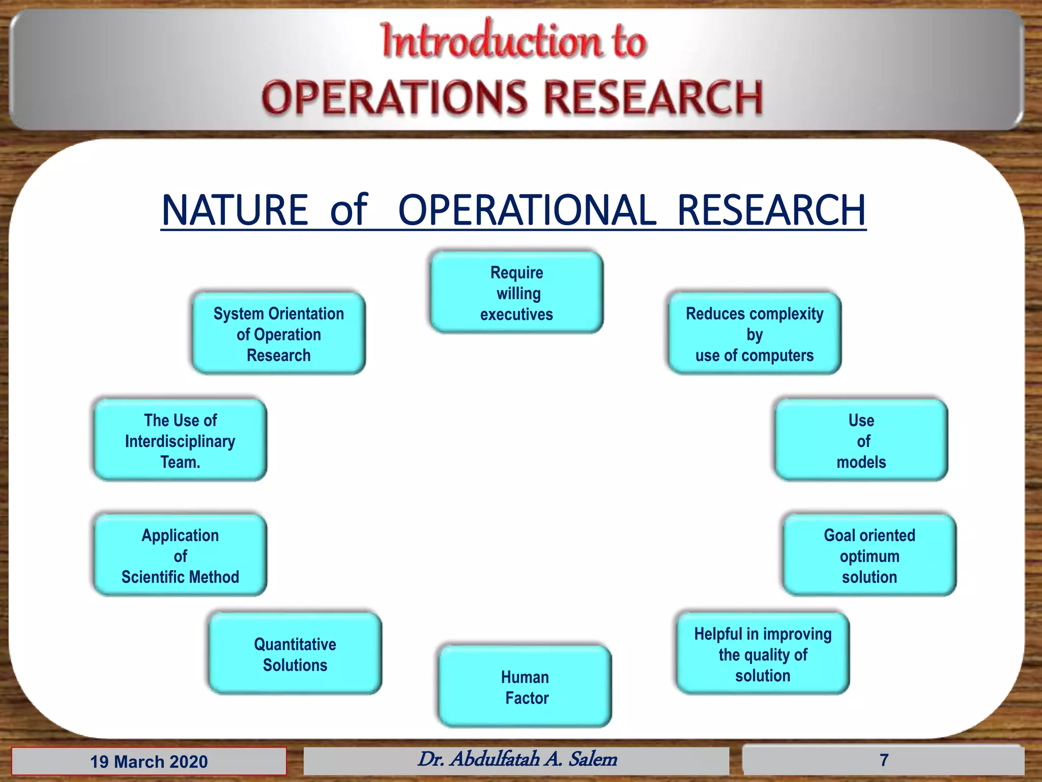 19 March 2020 Dr. Abdulfatah A. Salem 7
NATURE of OPERATIONAL RESEARCH
System Orientation
of Operation
Research
Reduces complexity
by
use of computers
Helpful in improving
the quality of
solution
Goal oriented
optimum
solution
Quantitative
Solutions
Application
of
Scientific Method
Require
willing
executives
Use
of
models
Human
Factor
The Use of
Interdisciplinary
Team.
 