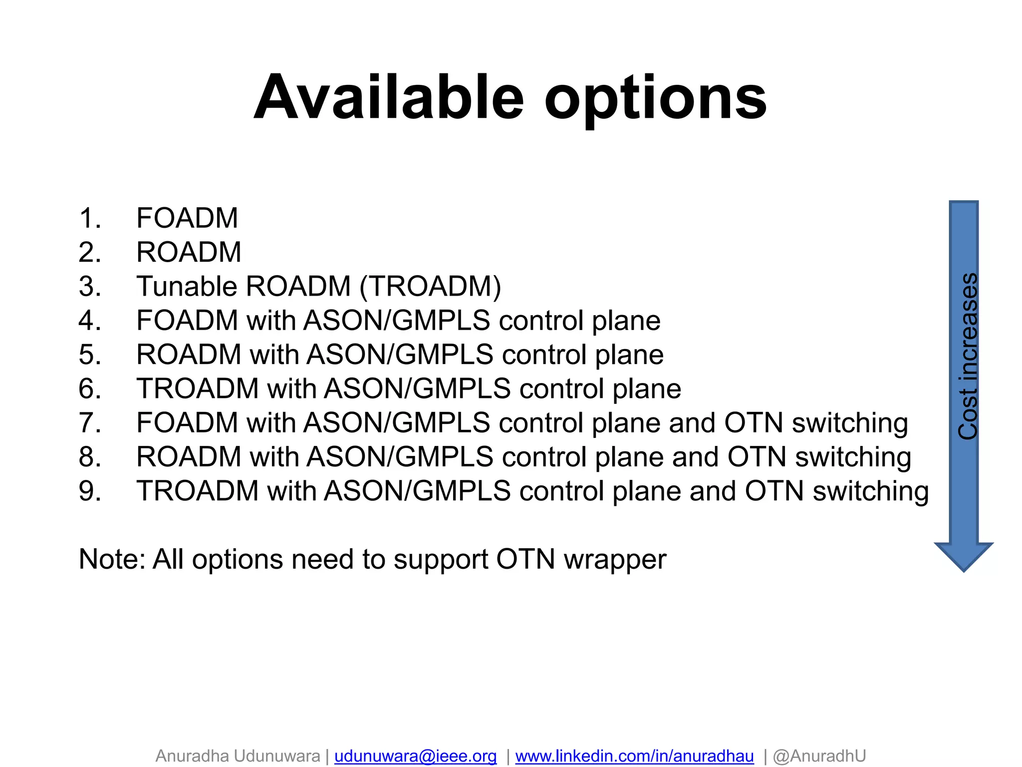 Anuradha Udunuwara | udunuwara@ieee.org | www.linkedin.com/in/anuradhau | @AnuradhU
Available options
103
1. FOADM
2. ROADM
3. Tunable ROADM (TROADM)
4. FOADM with ASON/GMPLS control plane
5. ROADM with ASON/GMPLS control plane
6. TROADM with ASON/GMPLS control plane
7. FOADM with ASON/GMPLS control plane and OTN switching
8. ROADM with ASON/GMPLS control plane and OTN switching
9. TROADM with ASON/GMPLS control plane and OTN switching
Note: All options need to support OTN wrapper
Costincreases
 
