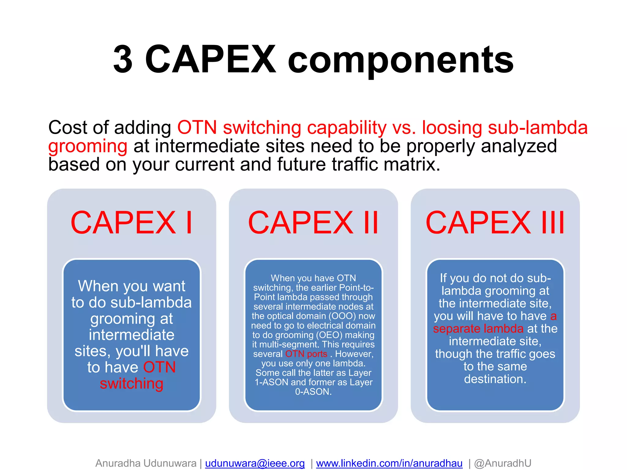 Anuradha Udunuwara | udunuwara@ieee.org | www.linkedin.com/in/anuradhau | @AnuradhU
3 CAPEX components
104
Cost of adding OTN switching capability vs. loosing sub-lambda
grooming at intermediate sites need to be properly analyzed
based on your current and future traffic matrix.
CAPEX I
When you want
to do sub-lambda
grooming at
intermediate
sites, you'll have
to have OTN
switching
CAPEX II
When you have OTN
switching, the earlier Point-to-
Point lambda passed through
several intermediate nodes at
the optical domain (OOO) now
need to go to electrical domain
to do grooming (OEO) making
it multi-segment. This requires
several OTN ports . However,
you use only one lambda.
Some call the latter as Layer
1-ASON and former as Layer
0-ASON.
CAPEX III
If you do not do sub-
lambda grooming at
the intermediate site,
you will have to have a
separate lambda at the
intermediate site,
though the traffic goes
to the same
destination.
 