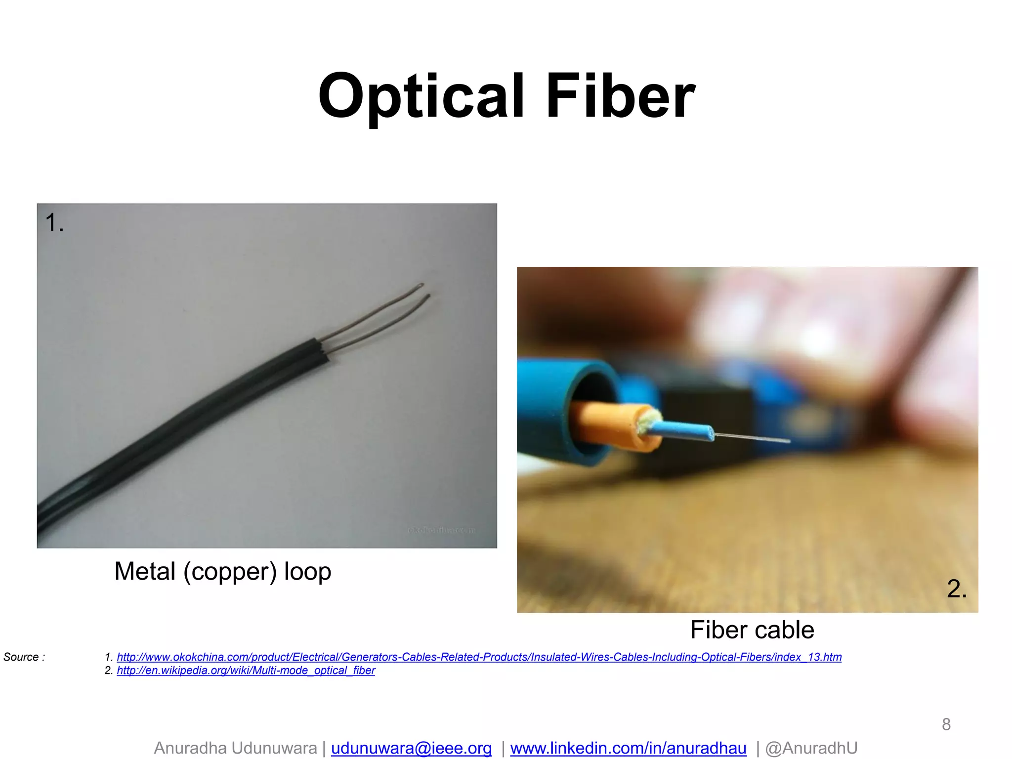 Anuradha Udunuwara | udunuwara@ieee.org | www.linkedin.com/in/anuradhau | @AnuradhU
Optical Fiber
Source : 1. http://www.okokchina.com/product/Electrical/Generators-Cables-Related-Products/Insulated-Wires-Cables-Including-Optical-Fibers/index_13.htm
2. http://en.wikipedia.org/wiki/Multi-mode_optical_fiber
1.
2.
Metal (copper) loop
Fiber cable
8
 