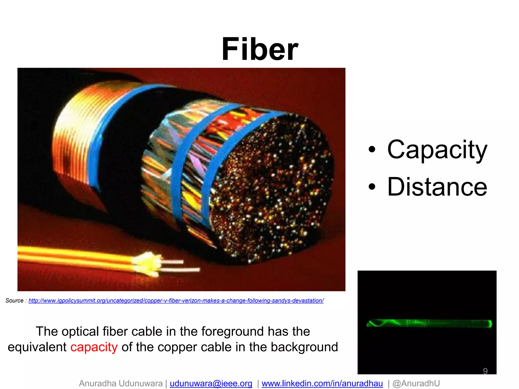 Anuradha Udunuwara | udunuwara@ieee.org | www.linkedin.com/in/anuradhau | @AnuradhU
Fiber
• Capacity
• Distance
The optical fiber cable in the foreground has the
equivalent capacity of the copper cable in the background
Source : http://www.igpolicysummit.org/uncategorized/copper-v-fiber-verizon-makes-a-change-following-sandys-devastation/
9
 