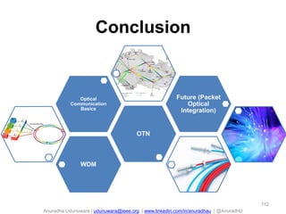 Anuradha Udunuwara | udunuwara@ieee.org | www.linkedin.com/in/anuradhau | @AnuradhU
Conclusion
112
WDM
OTN
Optical
Communication
Basics
Future (Packet
Optical
Integration)
 