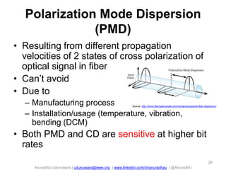 Anuradha Udunuwara | udunuwara@ieee.org | www.linkedin.com/in/anuradhau | @AnuradhU
Polarization Mode Dispersion
(PMD)
• Resulting from different propagation
velocities of 2 states of cross polarization of
optical signal in fiber
• Can’t avoid
• Due to
– Manufacturing process
– Installation/usage (temperature, vibration,
bending (DCM)
• Both PMD and CD are sensitive at higher bit
rates
Source: http://www.fiberoptics4sale.com/wordpress/optical-fiber-dispersion/
28
 