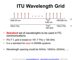 Anuradha Udunuwara | udunuwara@ieee.org | www.linkedin.com/in/anuradhau | @AnuradhU
ITU Wavelength Grid
• Standard set of wavelengths to be used in FO
communications
• ITU-T  grid is based on 191.7 THz + 100 GHz
• It is a standard for laser in DWDM systems
• Wavelength spacing could be 50GHz, 100GHz, 200GHz, ….
1530.33 nm 1553.86 nm
0.80 nm
195.9 THz 193.0 THz
100 GHz
 