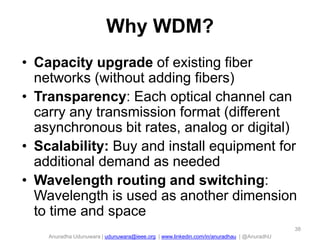 Anuradha Udunuwara | udunuwara@ieee.org | www.linkedin.com/in/anuradhau | @AnuradhU
Why WDM?
• Capacity upgrade of existing fiber
networks (without adding fibers)
• Transparency: Each optical channel can
carry any transmission format (different
asynchronous bit rates, analog or digital)
• Scalability: Buy and install equipment for
additional demand as needed
• Wavelength routing and switching:
Wavelength is used as another dimension
to time and space
38
 