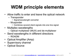 Anuradha Udunuwara | udunuwara@ieee.org | www.linkedin.com/in/anuradhau | @AnuradhU
WDM principle elements
• Allow traffic to enter and leave the optical network
– Transponder
• Signal/wavelength converter
– Muxponder
• Combines several client signals into one line signal
• Multiplex wavelengths
– Optical multiplexer (MUX) and de-multiplexer
• Send wavelengths in different directions
– ROADM
• Optical Amplifier (Amp)
• Supervisory channel
• Optical Source
39
 