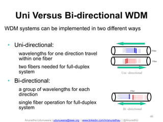 Anuradha Udunuwara | udunuwara@ieee.org | www.linkedin.com/in/anuradhau | @AnuradhU
Uni Versus Bi-directional WDM
WDM systems can be implemented in two different ways
Bi -directional
 5
 6
 7
 8
Fiber
 1
 2
 3
 4
Uni -directional
 1
 3
 5
 7
Fiber
Fiber
 1
 3
 5
 7
 2
 4
 6
 8
 2
 4
 6
 8
• Uni-directional:
wavelengths for one direction travel
within one fiber
two fibers needed for full-duplex
system
• Bi-directional:
a group of wavelengths for each
direction
single fiber operation for full-duplex
system
46
 
