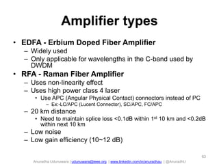 Anuradha Udunuwara | udunuwara@ieee.org | www.linkedin.com/in/anuradhau | @AnuradhU
Amplifier types
• EDFA - Erbium Doped Fiber Amplifier
– Widely used
– Only applicable for wavelengths in the C-band used by
DWDM
• RFA - Raman Fiber Amplifier
– Uses non-linearity effect
– Uses high power class 4 laser
• Use APC (Angular Physical Contact) connectors instead of PC
– Ex:-LC/APC (Lucent Connector), SC/APC, FC/APC
– 20 km distance
• Need to maintain splice loss <0.1dB within 1st 10 km and <0.2dB
within next 10 km
– Low noise
– Low gain efficiency (10~12 dB)
63
 