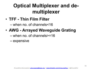 Anuradha Udunuwara | udunuwara@ieee.org | www.linkedin.com/in/anuradhau | @AnuradhU
Optical Multiplexer and de-
multiplexer
• TFF - Thin Film Filter
– when no. of channels<16
• AWG - Arrayed Waveguide Grating
– when no. of channels>=16
– expensive
65
 