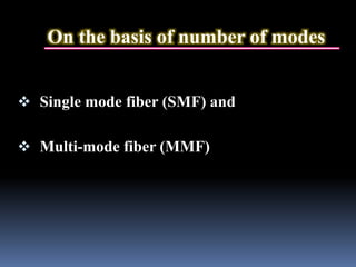 On the basis of number of modes
 Single mode fiber (SMF) and
 Multi-mode fiber (MMF)
 