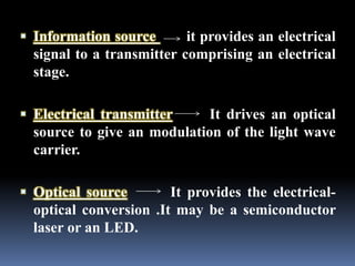  Information source it provides an electrical
signal to a transmitter comprising an electrical
stage.
 Electrical transmitter It drives an optical
source to give an modulation of the light wave
carrier.
 Optical source It provides the electrical-
optical conversion .It may be a semiconductor
laser or an LED.
 