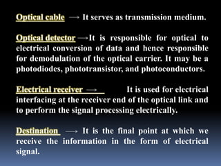 Optical cable It serves as transmission medium.
Optical detector It is responsible for optical to
electrical conversion of data and hence responsible
for demodulation of the optical carrier. It may be a
photodiodes, phototransistor, and photoconductors.
Electrical receiver It is used for electrical
interfacing at the receiver end of the optical link and
to perform the signal processing electrically.
Destination It is the final point at which we
receive the information in the form of electrical
signal.
 