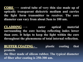 CORE central tube of very thin size made up of
optically transparent dielectric medium and carries
the light form transmitter to receiver. The core
diameter can vary from about 5um to 100 um.
CLADDING outer optical material
surrounding the core having reflecting index lower
than core. It helps to keep the light within the core
throughout the phenomena of total internal reflection.
BUFFER COATING plastic coating that
protects
the fiber made of silicon rubber. The typical diameter
of fiber after coating is 250-300 um.
 
