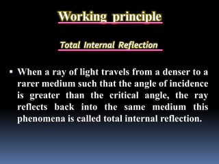 Working principle
Total Internal Reflection
 When a ray of light travels from a denser to a
rarer medium such that the angle of incidence
is greater than the critical angle, the ray
reflects back into the same medium this
phenomena is called total internal reflection.
 