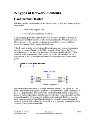 7. Types of Network Elements

Fixed versus Flexible
The objective of a transmission network is to connect points, and two approaches
are possible:

        •   a fixed, point-to-point link

        •   a road with crossroads and junctions

A simple, fixed, point-to-point network does not allow changes to the way the
traffic is delivered between the points; it is very inflexible. A flexible network
allows changes to the way the points are connected and can respond to new
connection requests faster than a fixed network.

A fixed, point-to-point network is used when the end-user connections are not
expected to change—hence, no flexibility is required (see Figure 8). The
equipment used to implement a point-to-point connection is called in TDM a
terminal multiplexer (mux) or line system. In WDM, it is called an optical
mux/demux. A mux offers fixed connections between end-user termination
points.

        Figure 8. Fixed Point to Point




The other type of connection is through a flexible network (see Figure 9). This
can be implemented using cross-connects or bus structures. A cross-connect is a
piece of equipment that provides flexible connections between its termination
points. A bus structure allows, in the same way, flexible connections between the
termination points of the elements making up the network. The bus route has
some bus stops, and the flexibility of going from one point to any other point
comes from being able to jump on, jump off, or stay on at any bus stop by means
of the add/drop multiplexer (ADM).



Web ProForum Tutorials                     Copyright ©                           10/20
http://www.iec.org           The International Engineering Consortium
 