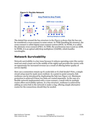 Figure 9. Flexible Network




The dotted line around the bus structure in the Figure 9 shows that the bus can
be considered a cross-connect to some extent. In TDM (handling bit streams), the
cross-connect is called digital cross-connect system (DCS). In WDM, it is called
the photonic cross-connect (PXC). In TDM, the synchronous mux is just an ADM.
In WDM, it is an optical add/drop multiplexer (OADM), which handles
wavelengths.


Network Survivability
Network survivability is a key issue because it reduces operating costs (the carrier
need not send a team out in the middle of the night) and provides the carrier with
an opportunity for increased revenue (as a result of offering better quality of
service [QoS]).

How can a connection remain up if a node fails or if a link breaks? First, a simple
circuit setup must be made more resilient. In a point-to-point scenario, link
resilience can be introduced by duplicating the link (see Figure 10). Maximum
protection is achieved if these two links are routed separately. In the case of a
flexible network implemented with a cross-connect, a mesh with its multiple
routes offers survivability options. In a bus structure, resilience is achieved by
adding an extra link to the network to make a ring, offering simple alternative
routes for the connections should they be needed.




Web ProForum Tutorials                   Copyright ©                           11/20
http://www.iec.org         The International Engineering Consortium
 