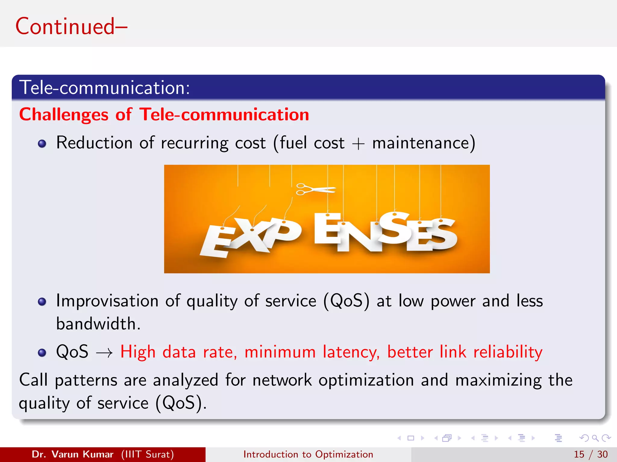 Continued–
Tele-communication:
Challenges of Tele-communication
Reduction of recurring cost (fuel cost + maintenance)
Improvisation of quality of service (QoS) at low power and less
bandwidth.
QoS → High data rate, minimum latency, better link reliability
Call patterns are analyzed for network optimization and maximizing the
quality of service (QoS).
Dr. Varun Kumar (IIIT Surat) Introduction to Optimization 15 / 30
 