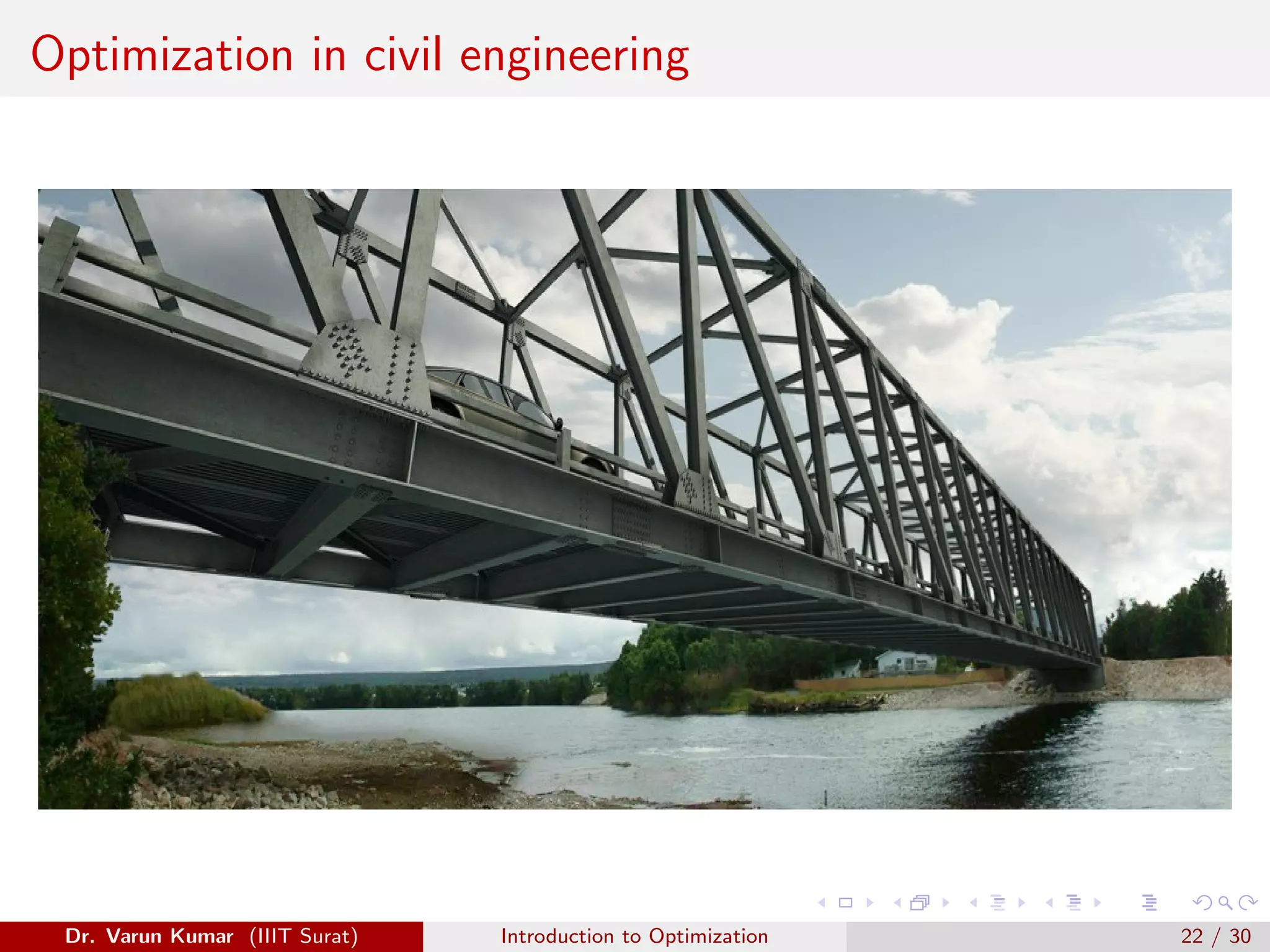 Optimization in civil engineering
Dr. Varun Kumar (IIIT Surat) Introduction to Optimization 22 / 30
 
