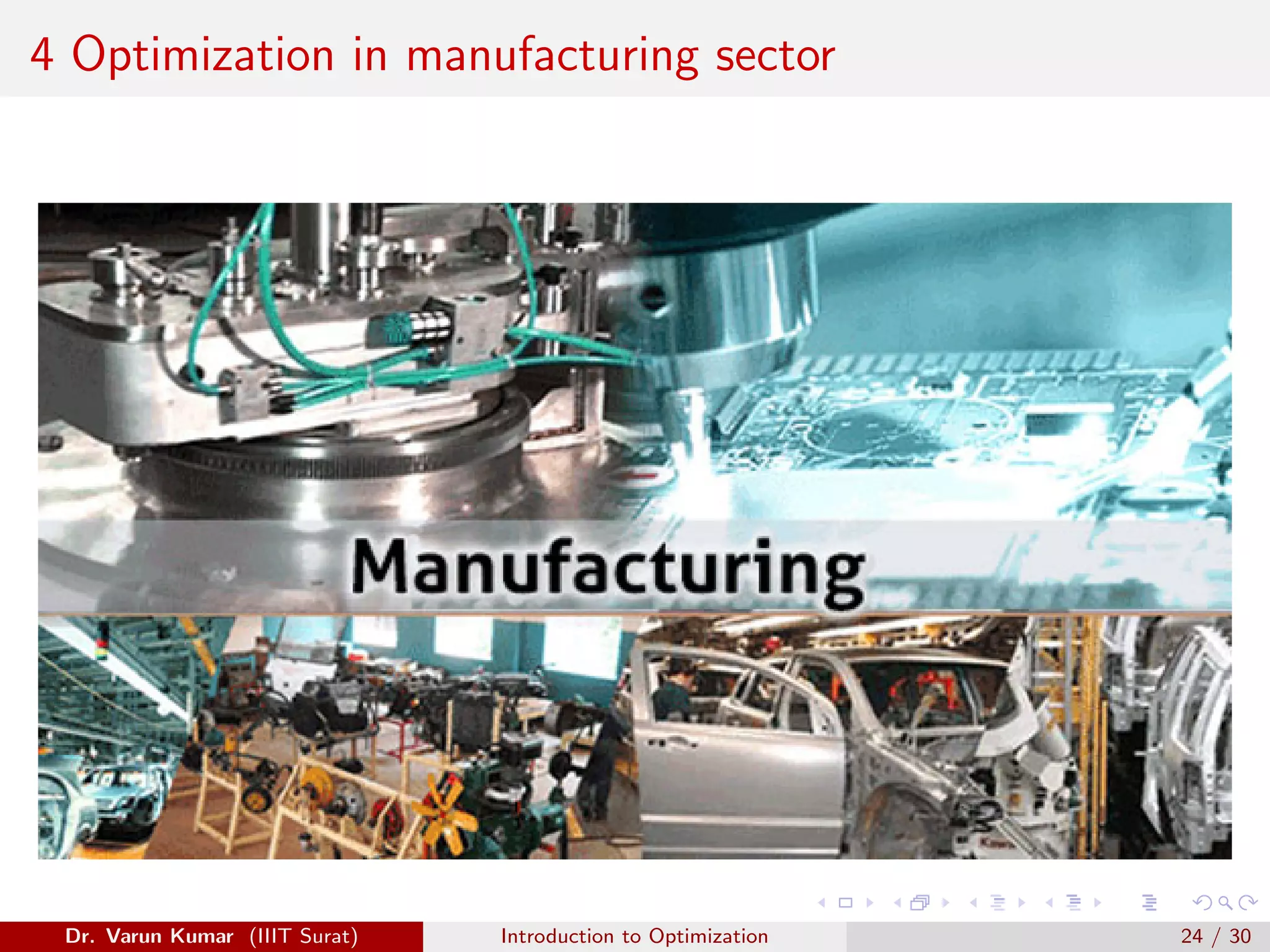 4 Optimization in manufacturing sector
Dr. Varun Kumar (IIIT Surat) Introduction to Optimization 24 / 30
 