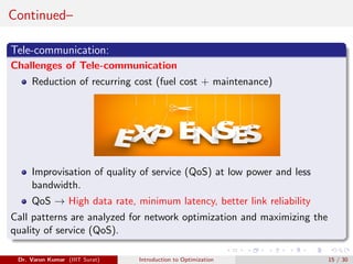 Continued–
Tele-communication:
Challenges of Tele-communication
Reduction of recurring cost (fuel cost + maintenance)
Improvisation of quality of service (QoS) at low power and less
bandwidth.
QoS → High data rate, minimum latency, better link reliability
Call patterns are analyzed for network optimization and maximizing the
quality of service (QoS).
Dr. Varun Kumar (IIIT Surat) Introduction to Optimization 15 / 30
 