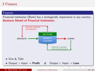 3 Finance
Finance:
Financial institution (Bank) has a strategically importance in any country.
Business Model of Financial Institution:
Give  Take
Output  Input → Profit  Output  Input → Loss
Dr. Varun Kumar (IIIT Surat) Introduction to Optimization 20 / 30
 