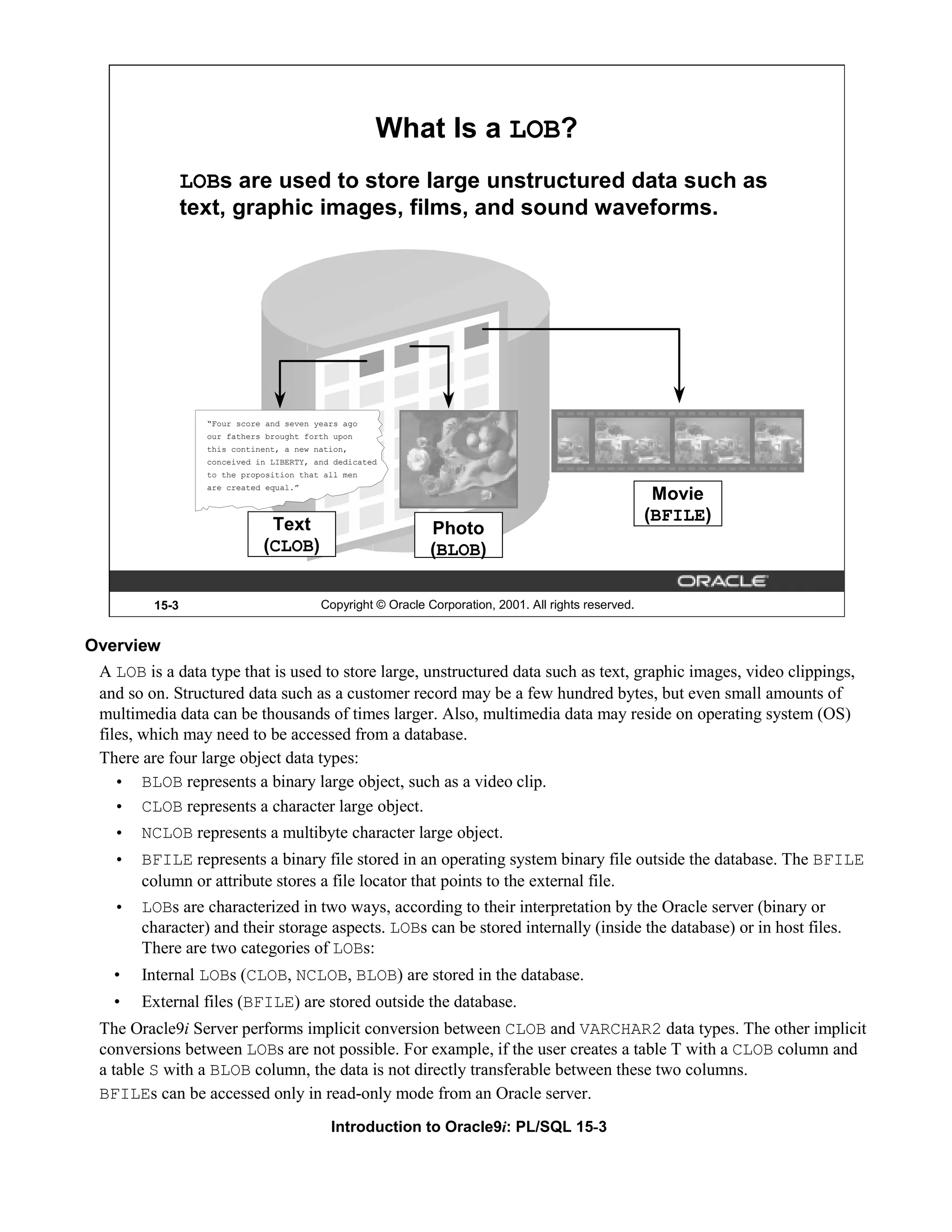 What Is a LOB? LOBs are used to store large unstructured data such as text, graphic images, films, and sound waveforms. “Four score and seven years ago our fathers brought forth upon this continent, a new nation, conceived in LIBERTY, and dedicated to the proposition that all men are created equal.” Movie (BFILE) Text Photo (CLOB) (BLOB) 15-3 Copyright © Oracle Corporation, 2001. All rights reserved. Overview A LOB is a data type that is used to store large, unstructured data such as text, graphic images, video clippings, and so on. Structured data such as a customer record may be a few hundred bytes, but even small amounts of multimedia data can be thousands of times larger. Also, multimedia data may reside on operating system (OS) files, which may need to be accessed from a database. There are four large object data types: • BLOB represents a binary large object, such as a video clip. • CLOB represents a character large object. • NCLOB represents a multibyte character large object. • BFILE represents a binary file stored in an operating system binary file outside the database. The BFILE column or attribute stores a file locator that points to the external file. • LOBs are characterized in two ways, according to their interpretation by the Oracle server (binary or character) and their storage aspects. LOBs can be stored internally (inside the database) or in host files. There are two categories of LOBs: • Internal LOBs (CLOB, NCLOB, BLOB) are stored in the database. • External files (BFILE) are stored outside the database. The Oracle9i Server performs implicit conversion between CLOB and VARCHAR2 data types. The other implicit conversions between LOBs are not possible. For example, if the user creates a table T with a CLOB column and a table S with a BLOB column, the data is not directly transferable between these two columns. BFILEs can be accessed only in read-only mode from an Oracle server. Introduction to Oracle9i: PL/SQL 15-3 