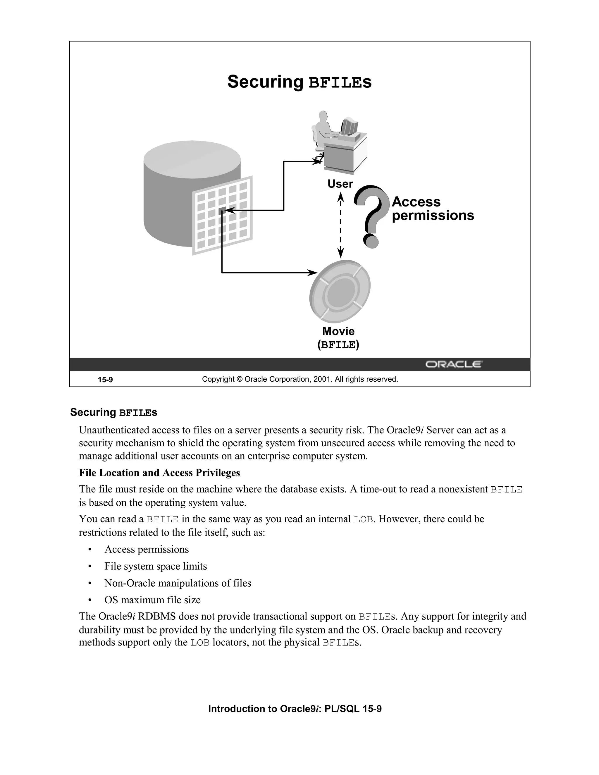 Securing BFILEs User Access permissions Movie (BFILE) 15-9 Copyright © Oracle Corporation, 2001. All rights reserved. Securing BFILEs Unauthenticated access to files on a server presents a security risk. The Oracle9i Server can act as a security mechanism to shield the operating system from unsecured access while removing the need to manage additional user accounts on an enterprise computer system. File Location and Access Privileges The file must reside on the machine where the database exists. A time-out to read a nonexistent BFILE is based on the operating system value. You can read a BFILE in the same way as you read an internal LOB. However, there could be restrictions related to the file itself, such as: • Access permissions • File system space limits • Non-Oracle manipulations of files • OS maximum file size The Oracle9i RDBMS does not provide transactional support on BFILEs. Any support for integrity and durability must be provided by the underlying file system and the OS. Oracle backup and recovery methods support only the LOB locators, not the physical BFILEs. Introduction to Oracle9i: PL/SQL 15-9 