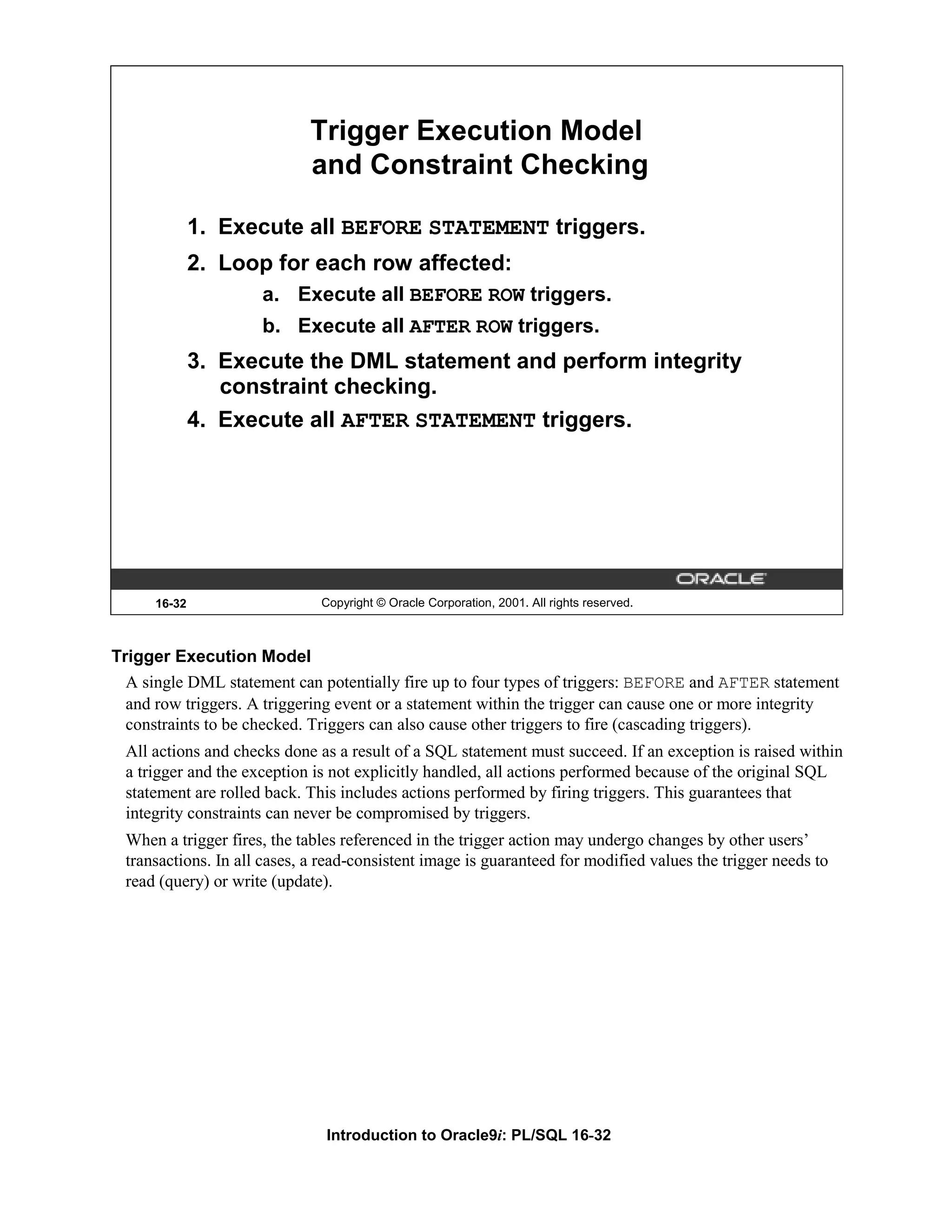Trigger Execution Model and Constraint Checking 1. Execute all BEFORE STATEMENT triggers. 2. Loop for each row affected: a. Execute all BEFORE ROW triggers. b. Execute all AFTER ROW triggers. 3. Execute the DML statement and perform integrity constraint checking. 4. Execute all AFTER STATEMENT triggers. 16-32 Copyright © Oracle Corporation, 2001. All rights reserved. Trigger Execution Model A single DML statement can potentially fire up to four types of triggers: BEFORE and AFTER statement and row triggers. A triggering event or a statement within the trigger can cause one or more integrity constraints to be checked. Triggers can also cause other triggers to fire (cascading triggers). All actions and checks done as a result of a SQL statement must succeed. If an exception is raised within a trigger and the exception is not explicitly handled, all actions performed because of the original SQL statement are rolled back. This includes actions performed by firing triggers. This guarantees that integrity constraints can never be compromised by triggers. When a trigger fires, the tables referenced in the trigger action may undergo changes by other users’ transactions. In all cases, a read-consistent image is guaranteed for modified values the trigger needs to read (query) or write (update). Introduction to Oracle9i: PL/SQL 16-32 
