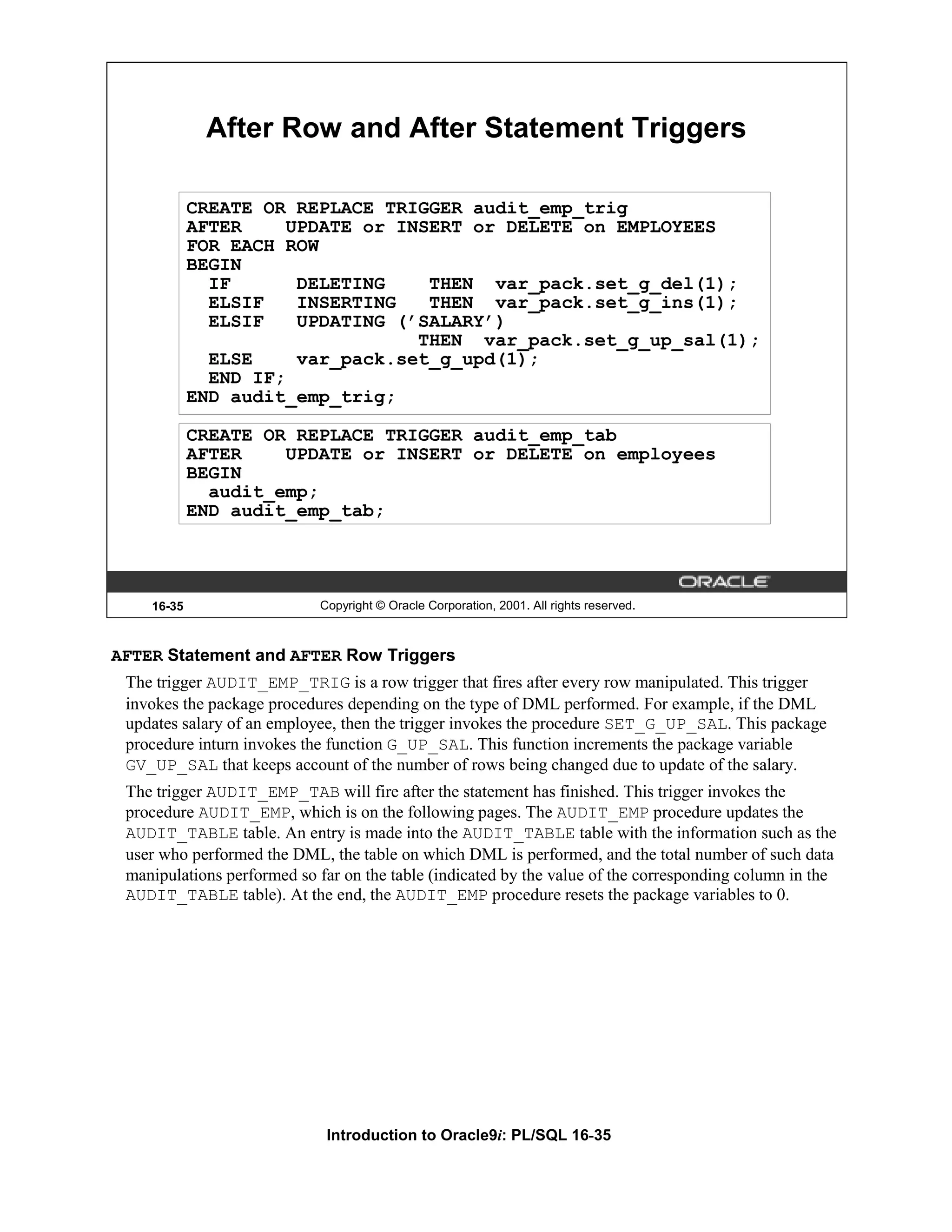 After Row and After Statement Triggers CREATE OR REPLACE TRIGGER audit_emp_trig AFTER UPDATE or INSERT or DELETE on EMPLOYEES FOR EACH ROW BEGIN IF DELETING THEN var_pack.set_g_del(1); ELSIF INSERTING THEN var_pack.set_g_ins(1); ELSIF UPDATING (’SALARY’) THEN var_pack.set_g_up_sal(1); ELSE var_pack.set_g_upd(1); END IF; END audit_emp_trig; CREATE OR REPLACE TRIGGER audit_emp_tab AFTER UPDATE or INSERT or DELETE on employees BEGIN audit_emp; END audit_emp_tab; 16-35 Copyright © Oracle Corporation, 2001. All rights reserved. AFTER Statement and AFTER Row Triggers The trigger AUDIT_EMP_TRIG is a row trigger that fires after every row manipulated. This trigger invokes the package procedures depending on the type of DML performed. For example, if the DML updates salary of an employee, then the trigger invokes the procedure SET_G_UP_SAL. This package procedure inturn invokes the function G_UP_SAL. This function increments the package variable GV_UP_SAL that keeps account of the number of rows being changed due to update of the salary. The trigger AUDIT_EMP_TAB will fire after the statement has finished. This trigger invokes the procedure AUDIT_EMP, which is on the following pages. The AUDIT_EMP procedure updates the AUDIT_TABLE table. An entry is made into the AUDIT_TABLE table with the information such as the user who performed the DML, the table on which DML is performed, and the total number of such data manipulations performed so far on the table (indicated by the value of the corresponding column in the AUDIT_TABLE table). At the end, the AUDIT_EMP procedure resets the package variables to 0. Introduction to Oracle9i: PL/SQL 16-35 