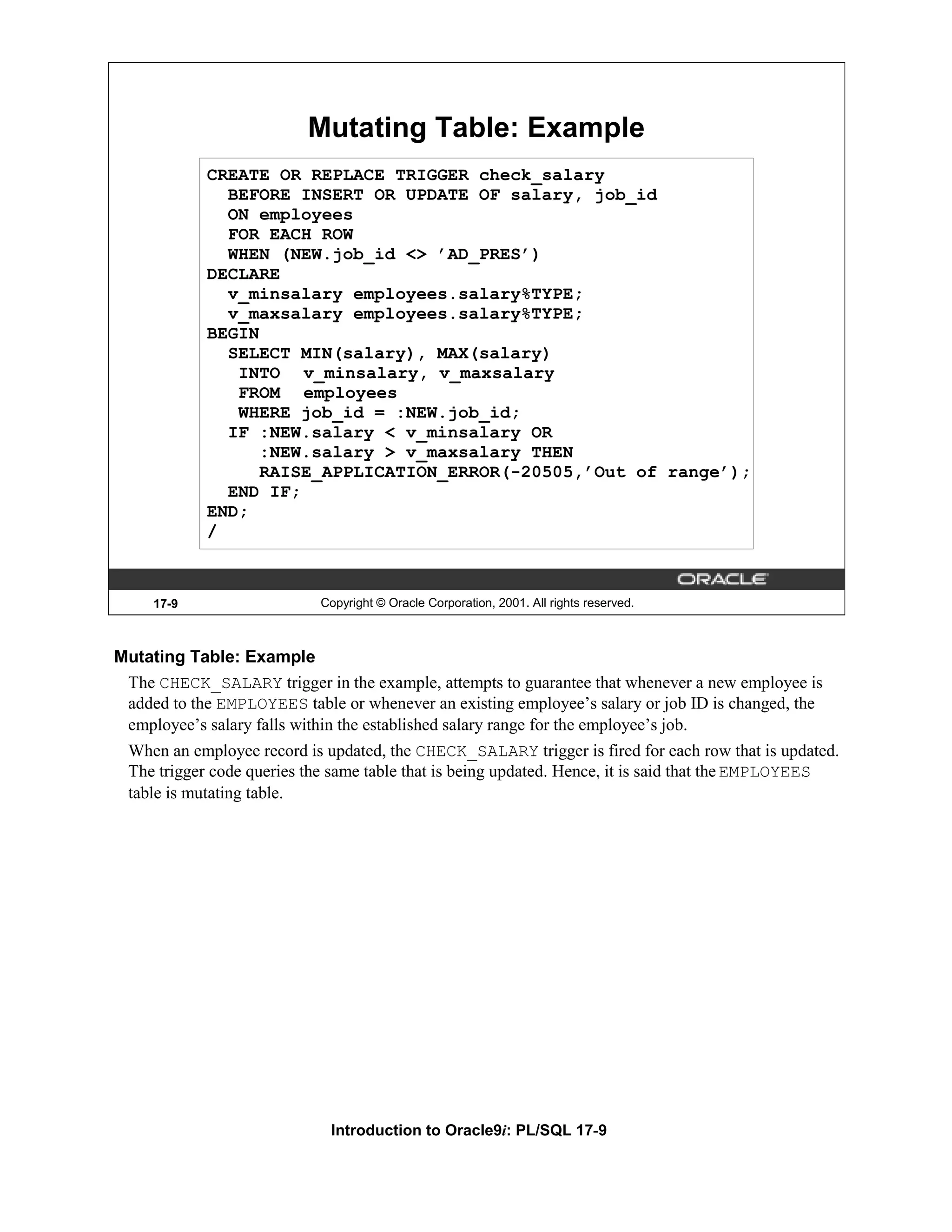 Mutating Table: Example CREATE OR REPLACE TRIGGER check_salary BEFORE INSERT OR UPDATE OF salary, job_id ON employees FOR EACH ROW WHEN (NEW.job_id <> ’AD_PRES’) DECLARE v_minsalary employees.salary%TYPE; v_maxsalary employees.salary%TYPE; BEGIN SELECT MIN(salary), MAX(salary) INTO v_minsalary, v_maxsalary FROM employees WHERE job_id = :NEW.job_id; IF :NEW.salary < v_minsalary OR :NEW.salary > v_maxsalary THEN RAISE_APPLICATION_ERROR(-20505,’Out of range’); END IF; END; / 17-9 Copyright © Oracle Corporation, 2001. All rights reserved. Mutating Table: Example The CHECK_SALARY trigger in the example, attempts to guarantee that whenever a new employee is added to the EMPLOYEES table or whenever an existing employee’s salary or job ID is changed, the employee’s salary falls within the established salary range for the employee’s job. When an employee record is updated, the CHECK_SALARY trigger is fired for each row that is updated. The trigger code queries the same table that is being updated. Hence, it is said that the EMPLOYEES table is mutating table. Introduction to Oracle9i: PL/SQL 17-9 