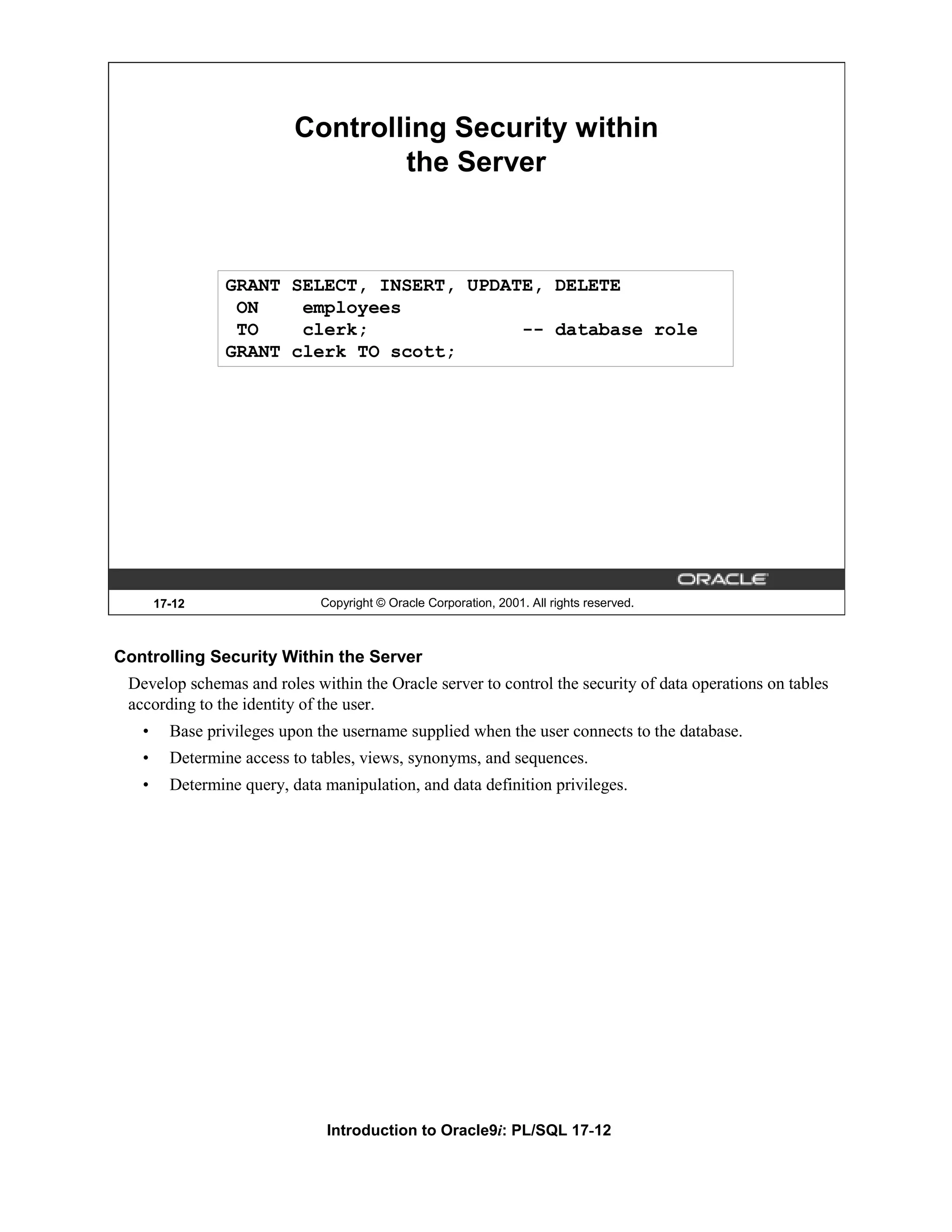 Controlling Security within the Server GRANT SELECT, INSERT, UPDATE, DELETE ON employees TO clerk; -- database role GRANT clerk TO scott; 17-12 Copyright © Oracle Corporation, 2001. All rights reserved. Controlling Security Within the Server Develop schemas and roles within the Oracle server to control the security of data operations on tables according to the identity of the user. • Base privileges upon the username supplied when the user connects to the database. • Determine access to tables, views, synonyms, and sequences. • Determine query, data manipulation, and data definition privileges. Introduction to Oracle9i: PL/SQL 17-12 