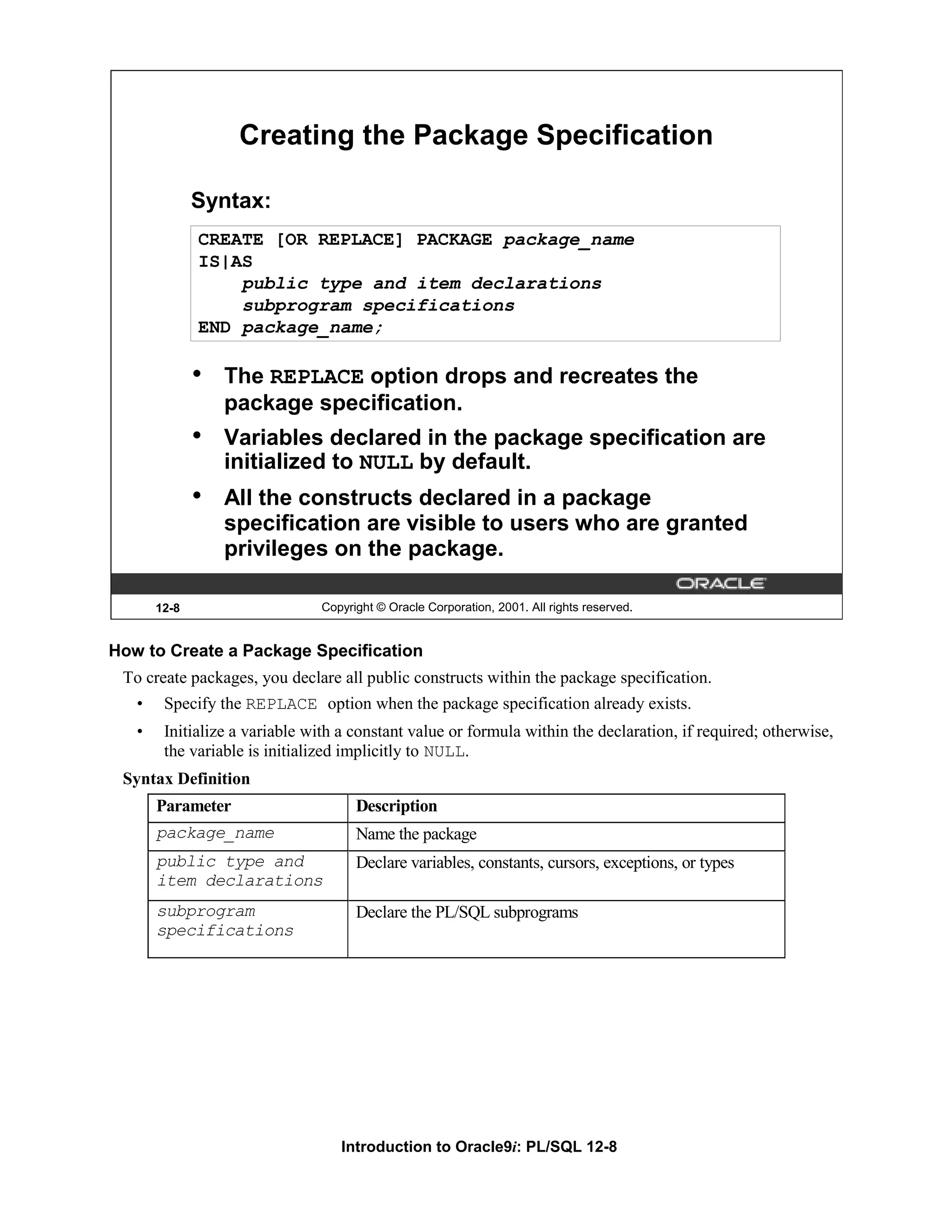 Creating the Package Specification Syntax: CREATE [OR REPLACE] PACKAGE package_name IS|AS public type and item declarations subprogram specifications END package_name; • The REPLACE option drops and recreates the package specification. • Variables declared in the package specification are initialized to NULL by default. • All the constructs declared in a package specification are visible to users who are granted privileges on the package. 12-8 Copyright © Oracle Corporation, 2001. All rights reserved. How to Create a Package Specification To create packages, you declare all public constructs within the package specification. • Specify the REPLACE option when the package specification already exists. • Initialize a variable with a constant value or formula within the declaration, if required; otherwise, the variable is initialized implicitly to NULL. Syntax Definition Parameter Description package_name Name the package public type and Declare variables, constants, cursors, exceptions, or types item declarations subprogram Declare the PL/SQL subprograms specifications Introduction to Oracle9i: PL/SQL 12-8 