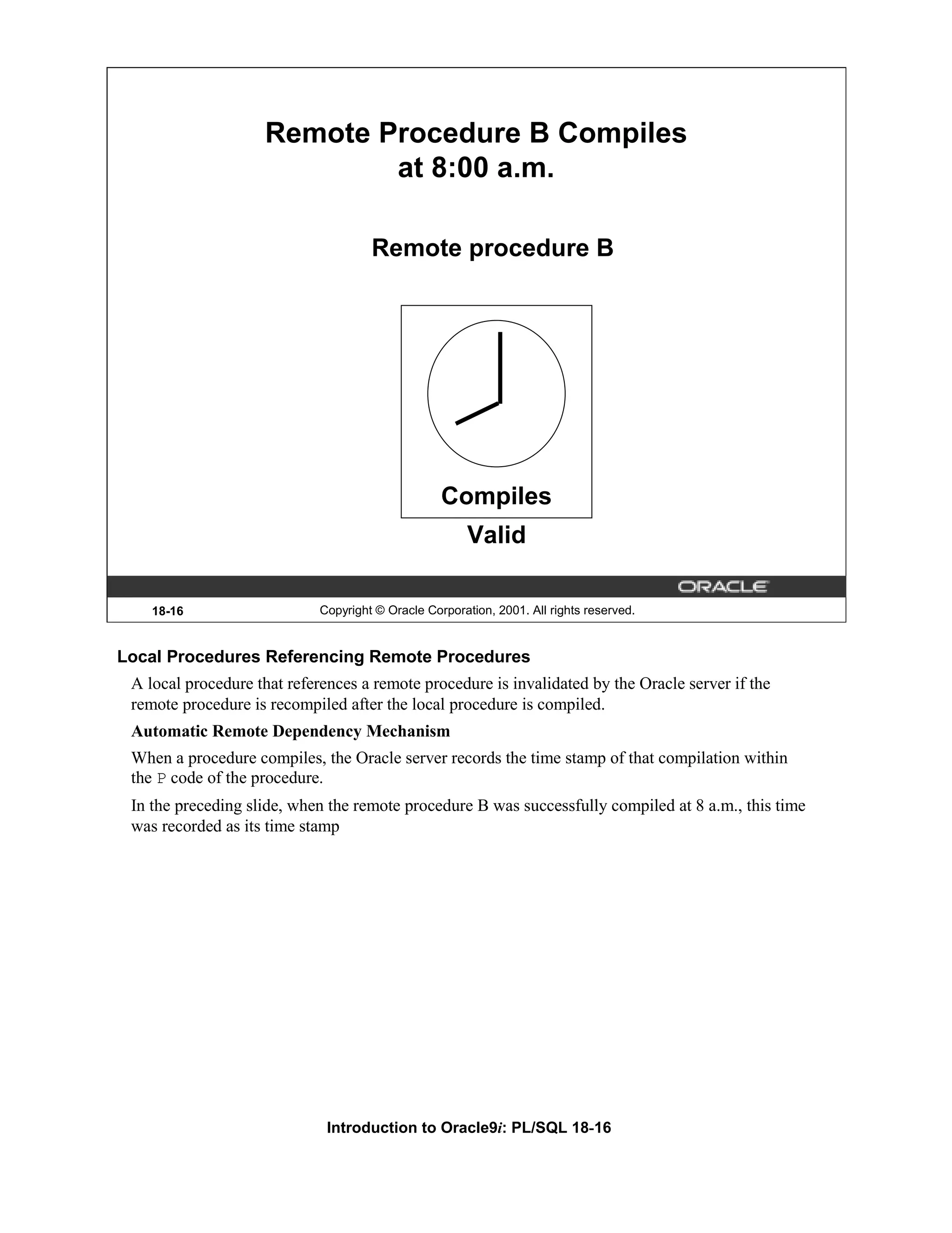 Remote Procedure B Compiles at 8:00 a.m. Remote procedure B Compiles Valid 18-16 Copyright © Oracle Corporation, 2001. All rights reserved. Local Procedures Referencing Remote Procedures A local procedure that references a remote procedure is invalidated by the Oracle server if the remote procedure is recompiled after the local procedure is compiled. Automatic Remote Dependency Mechanism When a procedure compiles, the Oracle server records the time stamp of that compilation within the P code of the procedure. In the preceding slide, when the remote procedure B was successfully compiled at 8 a.m., this time was recorded as its time stamp Introduction to Oracle9i: PL/SQL 18-16 