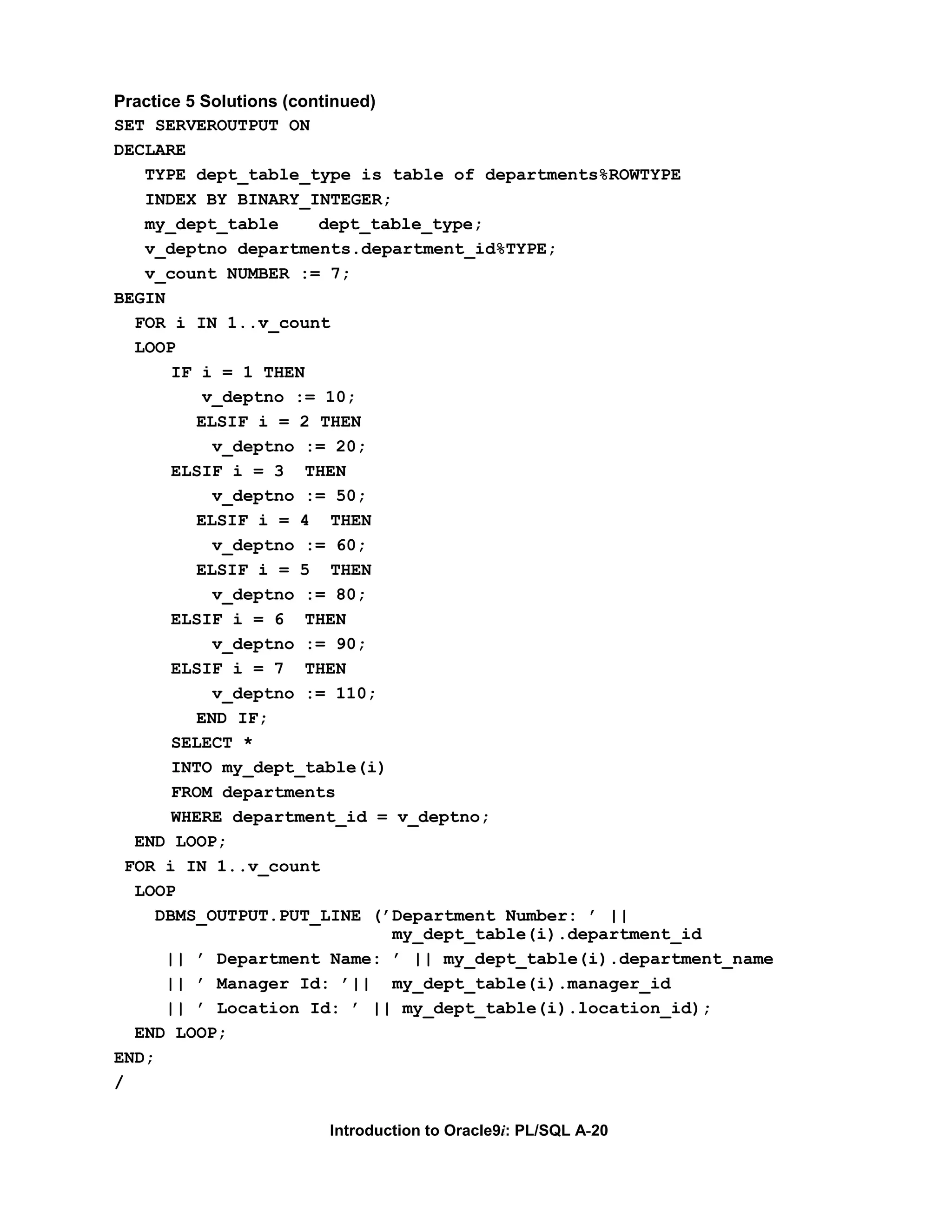 Practice 5 Solutions (continued) SET SERVEROUTPUT ON DECLARE TYPE dept_table_type is table of departments%ROWTYPE INDEX BY BINARY_INTEGER; my_dept_table dept_table_type; v_deptno departments.department_id%TYPE; v_count NUMBER := 7; BEGIN FOR i IN 1..v_count LOOP IF i = 1 THEN v_deptno := 10; ELSIF i = 2 THEN v_deptno := 20; ELSIF i = 3 THEN v_deptno := 50; ELSIF i = 4 THEN v_deptno := 60; ELSIF i = 5 THEN v_deptno := 80; ELSIF i = 6 THEN v_deptno := 90; ELSIF i = 7 THEN v_deptno := 110; END IF; SELECT * INTO my_dept_table(i) FROM departments WHERE department_id = v_deptno; END LOOP; FOR i IN 1..v_count LOOP DBMS_OUTPUT.PUT_LINE (’Department Number: ’ || my_dept_table(i).department_id || ’ Department Name: ’ || my_dept_table(i).department_name || ’ Manager Id: ’|| my_dept_table(i).manager_id || ’ Location Id: ’ || my_dept_table(i).location_id); END LOOP; END; / Introduction to Oracle9i: PL/SQL A-20 
