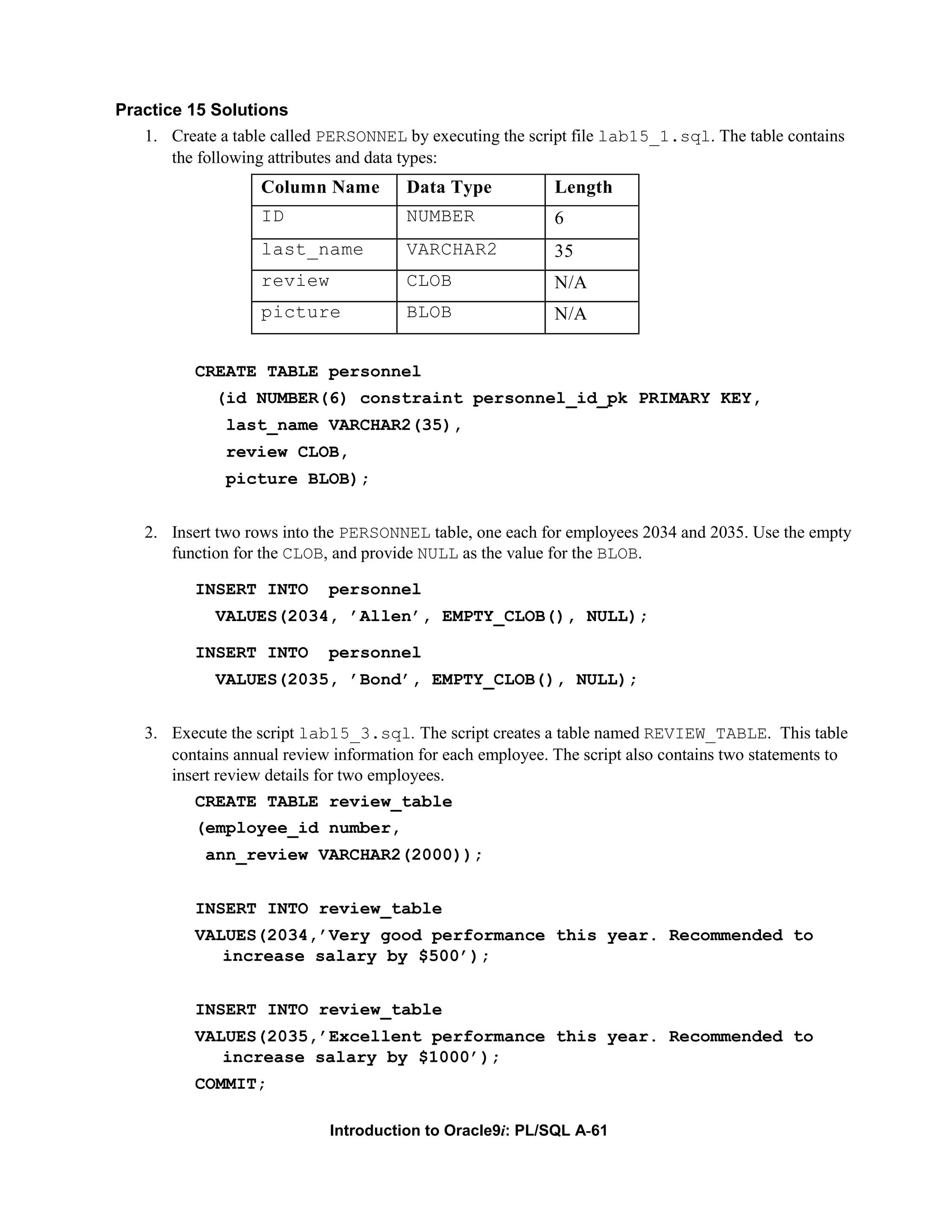 Practice 15 Solutions 1. Create a table called PERSONNEL by executing the script file lab15_1.sql. The table contains the following attributes and data types: Column Name Data Type Length ID NUMBER 6 last_name VARCHAR2 35 review CLOB N/A picture BLOB N/A CREATE TABLE personnel (id NUMBER(6) constraint personnel_id_pk PRIMARY KEY, last_name VARCHAR2(35), review CLOB, picture BLOB); 2. Insert two rows into the PERSONNEL table, one each for employees 2034 and 2035. Use the empty function for the CLOB, and provide NULL as the value for the BLOB. INSERT INTO personnel VALUES(2034, ’Allen’, EMPTY_CLOB(), NULL); INSERT INTO personnel VALUES(2035, ’Bond’, EMPTY_CLOB(), NULL); 3. Execute the script lab15_3.sql. The script creates a table named REVIEW_TABLE. This table contains annual review information for each employee. The script also contains two statements to insert review details for two employees. CREATE TABLE review_table (employee_id number, ann_review VARCHAR2(2000)); INSERT INTO review_table VALUES(2034,’Very good performance this year. Recommended to increase salary by $500’); INSERT INTO review_table VALUES(2035,’Excellent performance this year. Recommended to increase salary by $1000’); COMMIT; Introduction to Oracle9i: PL/SQL A-61 