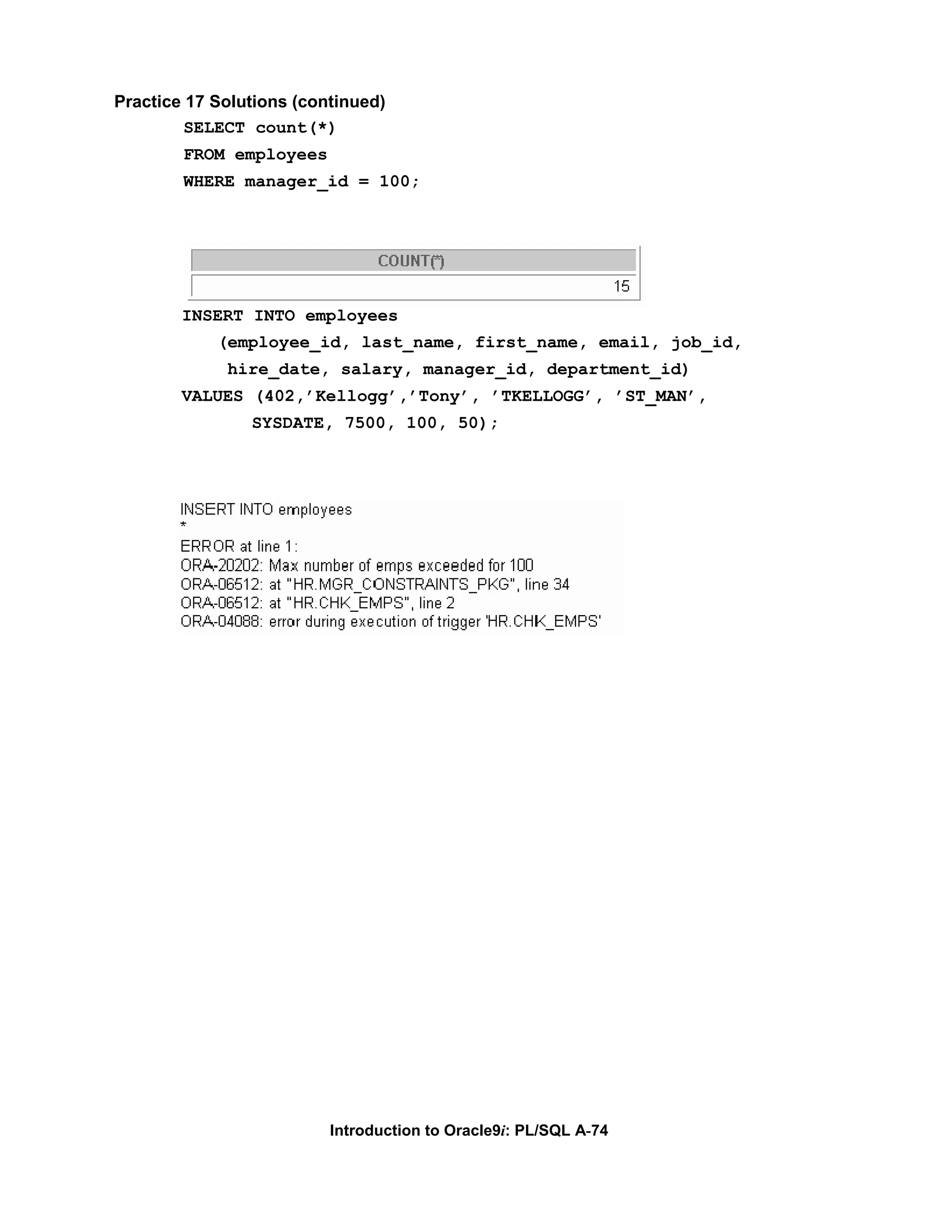 Practice 17 Solutions (continued) SELECT count(*) FROM employees WHERE manager_id = 100; INSERT INTO employees (employee_id, last_name, first_name, email, job_id, hire_date, salary, manager_id, department_id) VALUES (402,’Kellogg’,’Tony’, ’TKELLOGG’, ’ST_MAN’, SYSDATE, 7500, 100, 50); Introduction to Oracle9i: PL/SQL A-74 